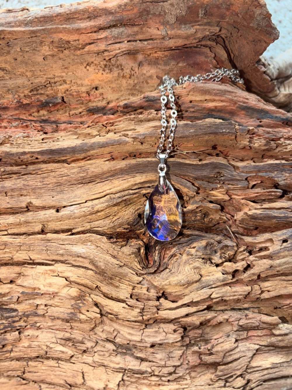 Silver Chain Necklace with Iridescent Blue Teardrop Pendant